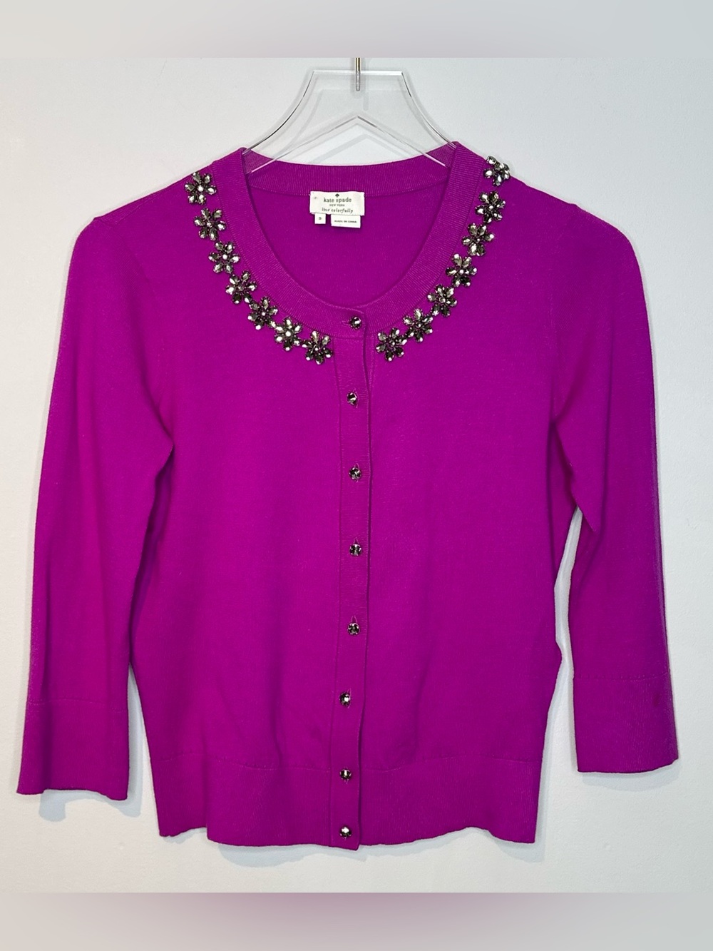Kate Spade Purple Fuchsia Jeweled Collar Cardigan Sweater Top